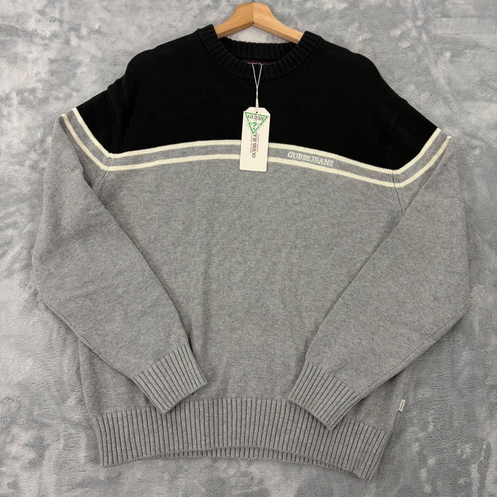 Guess USA Sweater Mens Large Black Gray Stripe Crewneck Pullover NEW